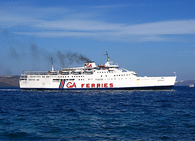 Greek ferries, boats and catamarans. Romilda. The port of Athinios in Santorini.