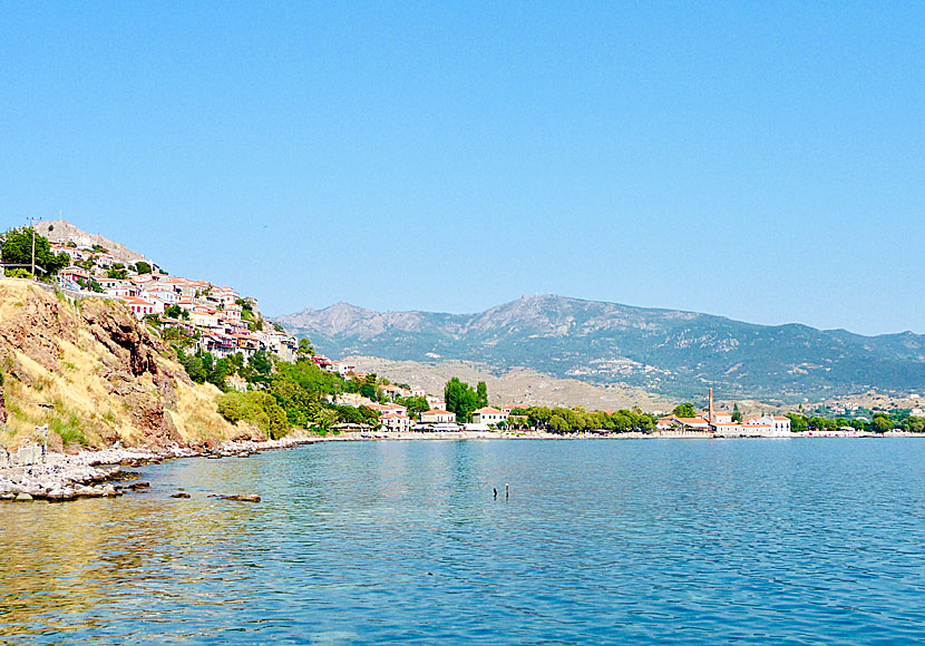 Castle of Molyvos, den gamla olivfabriken samt stranden och hamnen i Molyvos.