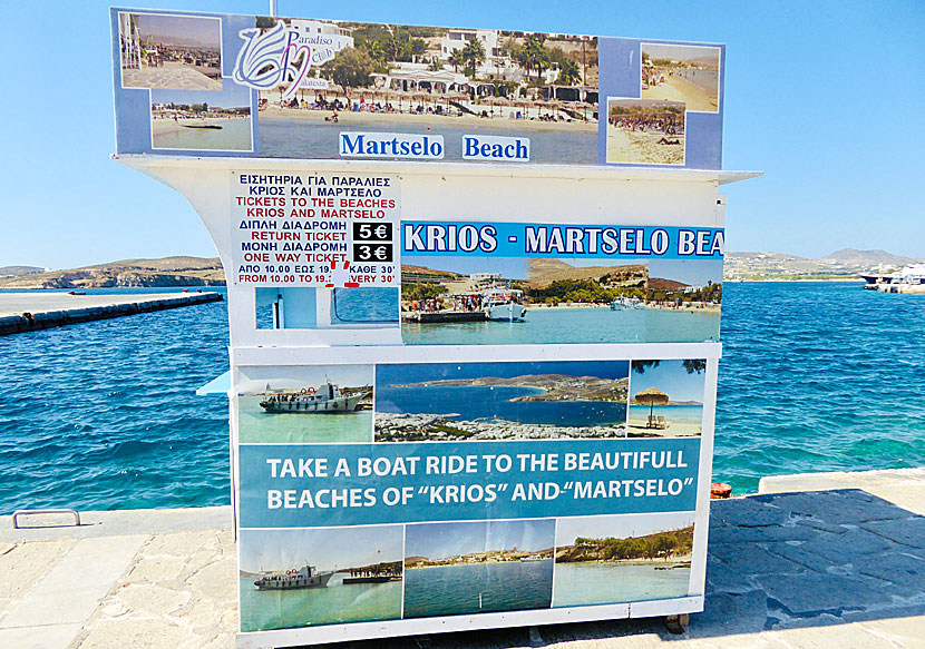 Från hamnen i Parikia går det badbåtar till stränderna Krios och Martselo.