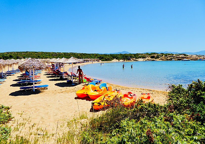 Barnvänliga och långgrunda Santa Maria beach på Paros i Kykladerna.