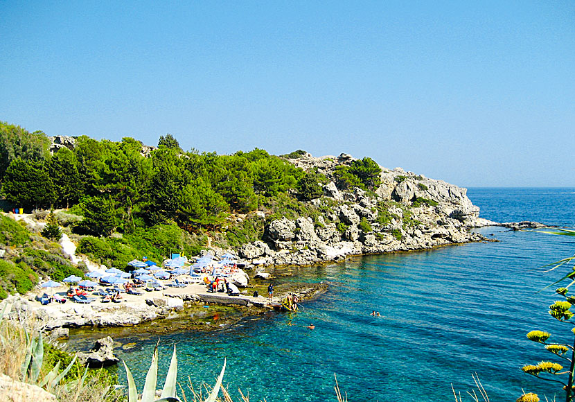 Mellan stränderna Ladiko och Anthony Quinn på Rhodos finns ett bra klippbad.