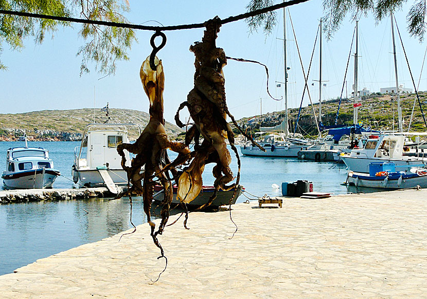 Restaurangerna Trypas Taverna och Nikolas Taverna i hamnen på Arki.