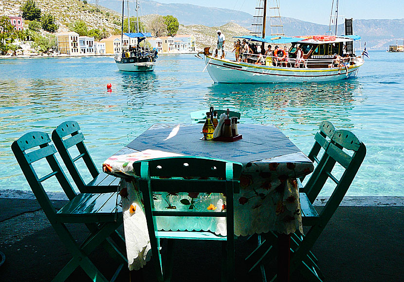 På Restaurang Sydney på Kastellorizo kan man äta god mat och titta på utflyktsbåtar. 