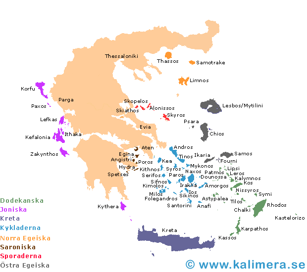 Karta över Grekland och de grekiska öarna. 