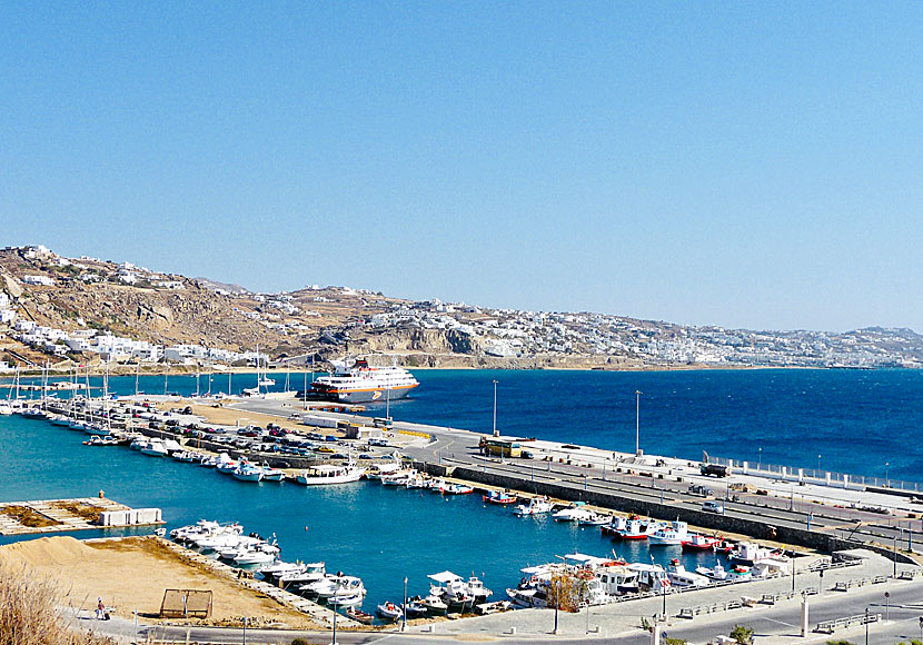 Hamnen på Mykonos i Kykladerna.